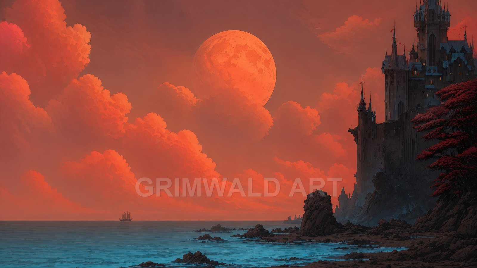 A gothic castle on a rocky cliff above a blue sea beneath a vast crimson moon and glowing clouds, with a lone sailing ship.
