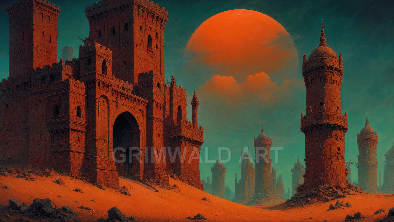 A vast desert with red stone castle and isolated towers under a huge crimson moon, teal sky, scattered rocks and sand dunes.
