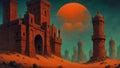 GRID THUMBNAIL — A vast desert with red stone castle and isolated towers under a huge crimson moon, teal sky, scattered rocks and sand dunes.