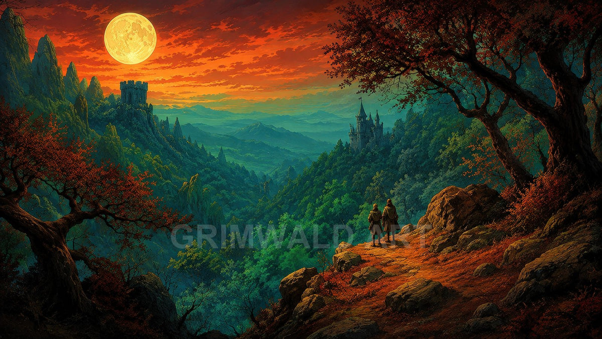 A full moon rises over a forested mountain valley with distant castles, red twilight sky, rocky path and two travellers under gnarled trees.