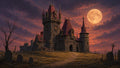 GRID THUMBNAIL — Gothic stone castle with red roofs beneath a huge full moon, surrounded by gravestones and barren fields under a fiery twilight sky.