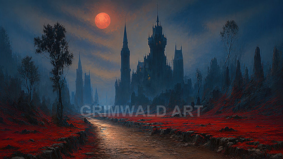 A moonlit road leads across red scrub toward a towering dark castle with spires, under a red moon and misty blue night sky.
