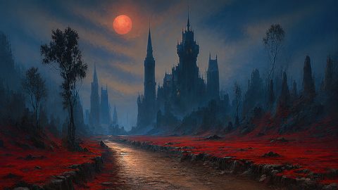 GRID THUMBNAIL — A moonlit road leads across red scrub toward a towering dark castle with spires, under a red moon and misty blue night sky.