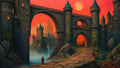 GRID THUMBNAIL — Grand stone castle with arched bridge under a crimson sky and full moon, misty waters below, small cloaked figure on the path.