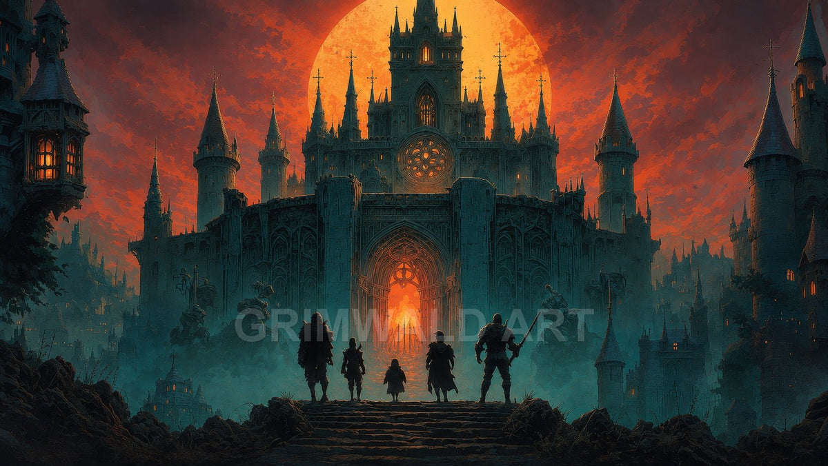 Gothic castle rises before a blazing red moon, firelit gates and mist-filled city, as five small cloaked figures approach across stone steps.