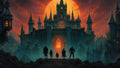 GRID THUMBNAIL — Gothic castle rises before a blazing red moon, firelit gates and mist-filled city, as five small cloaked figures approach across stone steps.