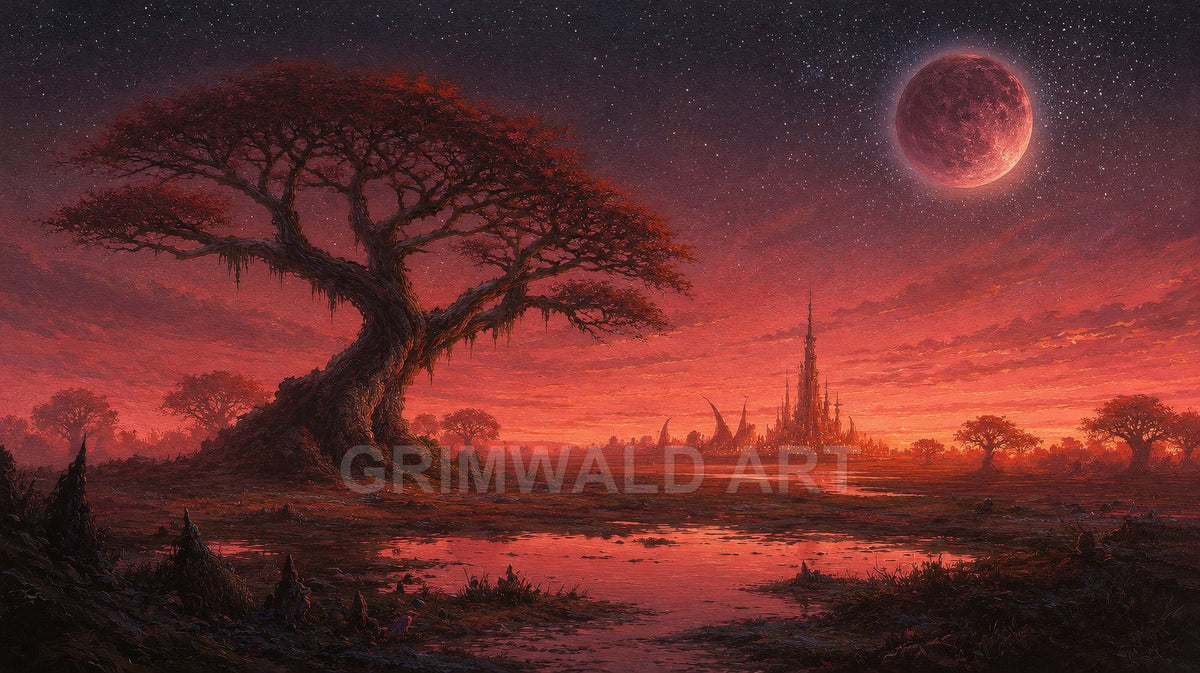 Vast red twilight marsh with a towering ancient tree, reflective pools, a distant spired city and a looming crimson moon amid starry sky.