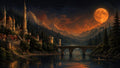 GRID THUMBNAIL — A riverside medieval castle and tall tower face a stone arched bridge beneath a vast orange full moon over pine mountains at night.