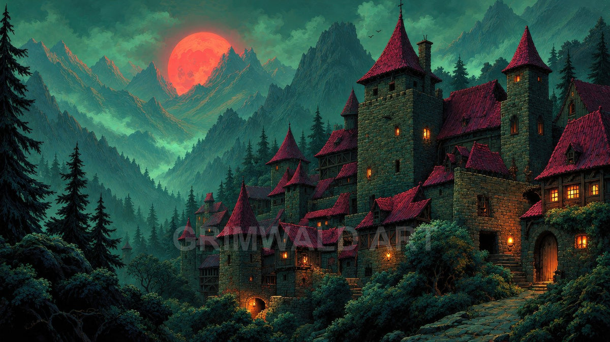Stone castle with red roofs nestled in dark pine mountains under a huge red moon, warm lanterns glowing along a winding path.