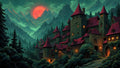 GRID THUMBNAIL — Stone castle with red roofs nestled in dark pine mountains under a huge red moon, warm lanterns glowing along a winding path.