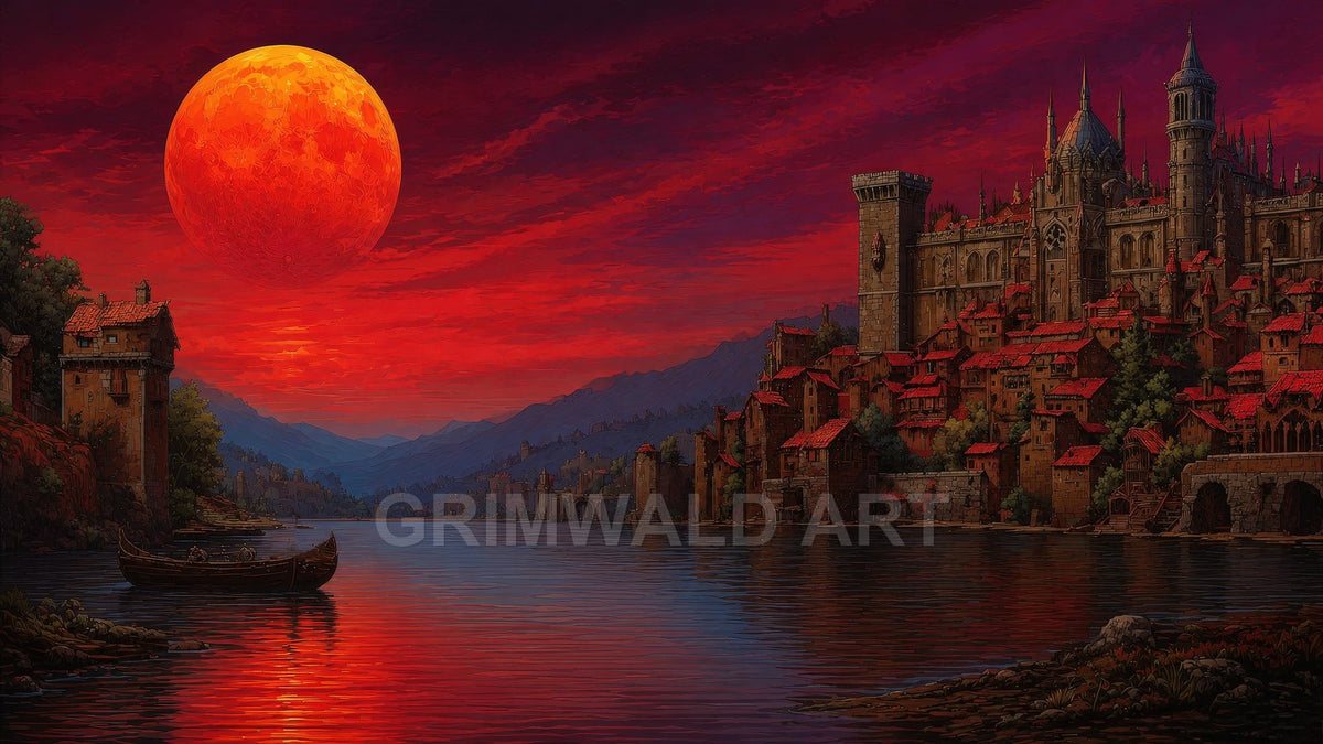 A giant red moon rises above a riverside medieval city and castle, crimson twilight sky reflecting on calm water with distant blue mountains.