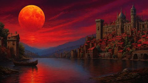 GRID THUMBNAIL — A giant red moon rises above a riverside medieval city and castle, crimson twilight sky reflecting on calm water with distant blue mountains.