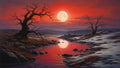GRID THUMBNAIL — A red twilight sky and oversized full moon reflect in a winding river, bordered by snow-laced rocks and gnarled leafless trees across a quiet valley.