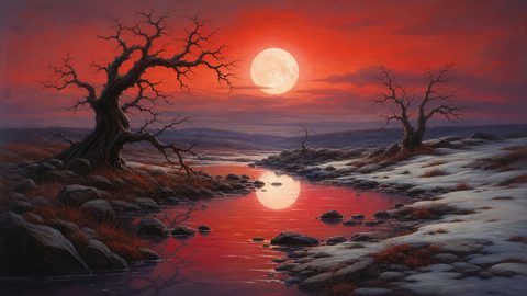 GRID THUMBNAIL — A red twilight sky and oversized full moon reflect in a winding river, bordered by snow-laced rocks and gnarled leafless trees across a quiet valley.