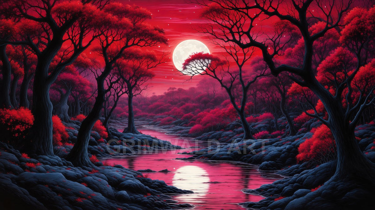 A moonlit river winds through a red-leaved forest, dark tree silhouettes and rocky banks glowing under a huge full moon's reflection.