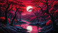GRID THUMBNAIL — A moonlit river winds through a red-leaved forest, dark tree silhouettes and rocky banks glowing under a huge full moon's reflection.