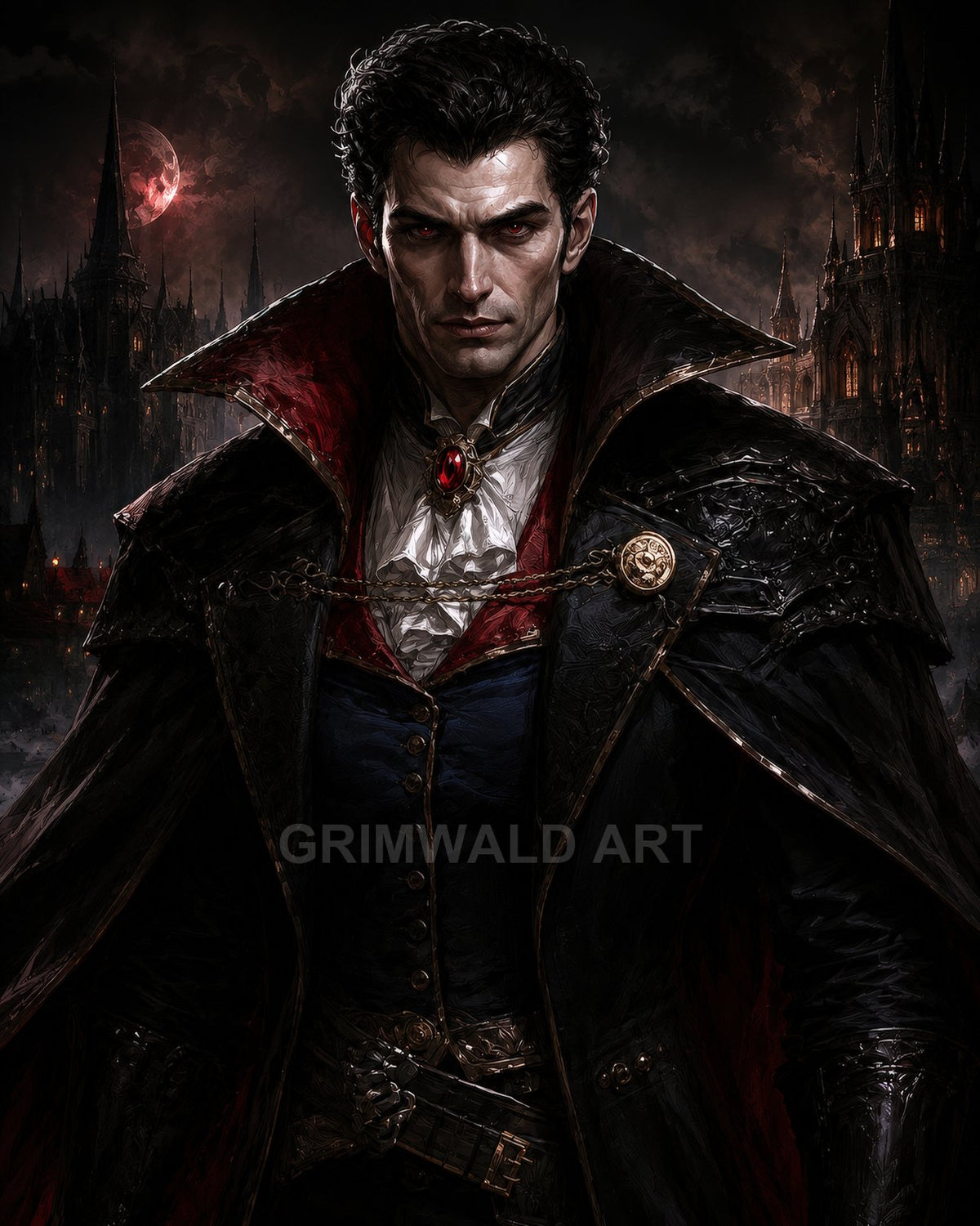 A male vampire in an ornate black cloak and ruby brooch stands before a gothic castle under a blood-red moonlit sky.