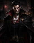 GRID THUMBNAIL — A male vampire in an ornate black cloak and ruby brooch stands before a gothic castle under a blood-red moonlit sky.