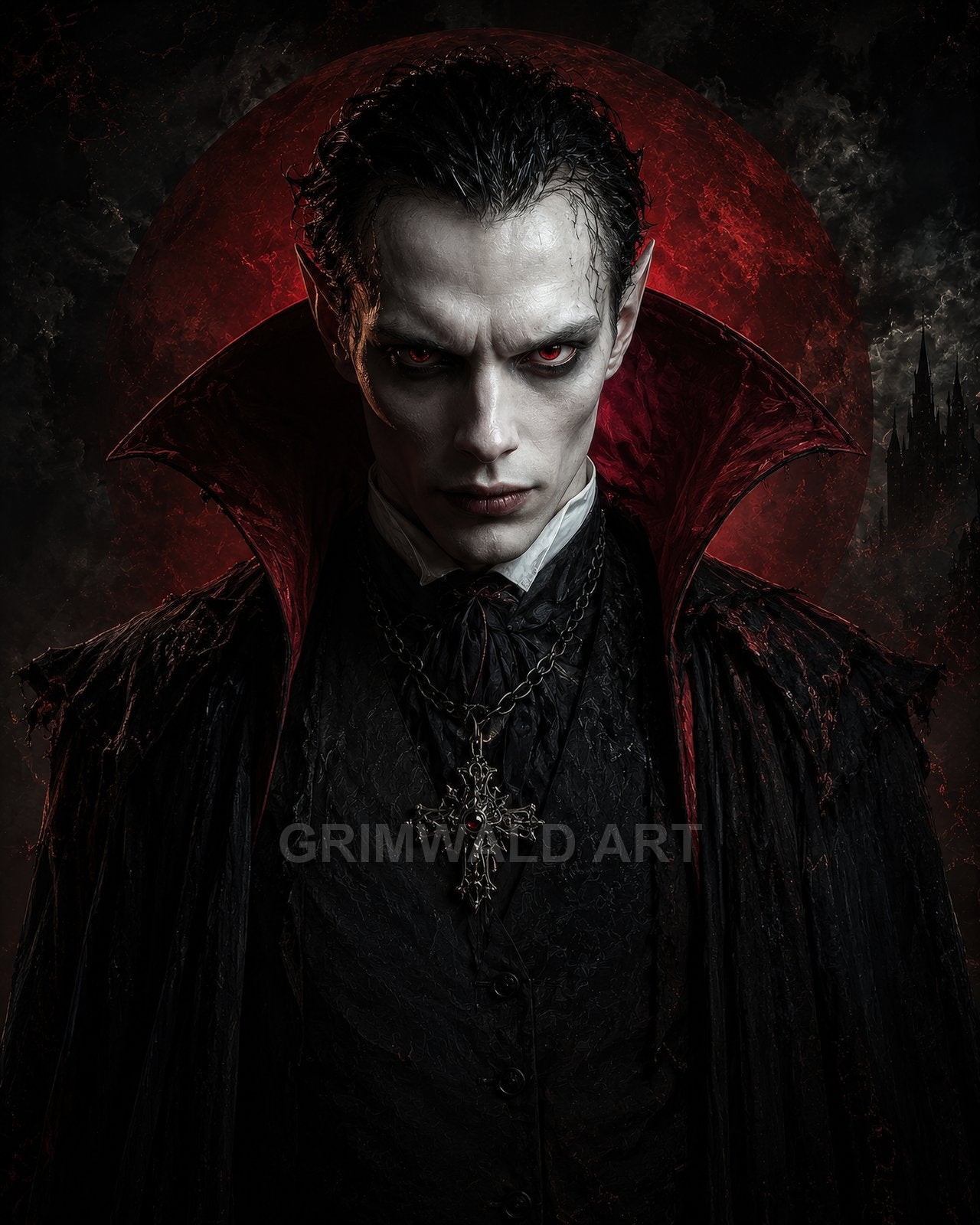 Portrait of a pale male vampire with red eyes and high scarlet-lined collar, wearing an ornate cross pendant before a blood-red moon and distant castle.