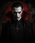 GRID THUMBNAIL — Portrait of a pale male vampire with red eyes and high scarlet-lined collar, wearing an ornate cross pendant before a blood-red moon and distant castle.