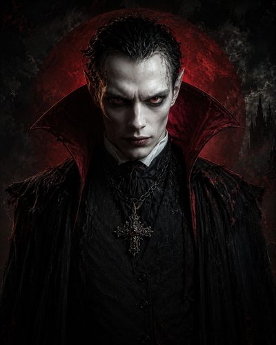 GRID THUMBNAIL — Portrait of a pale male vampire with red eyes and high scarlet-lined collar, wearing an ornate cross pendant before a blood-red moon and distant castle.