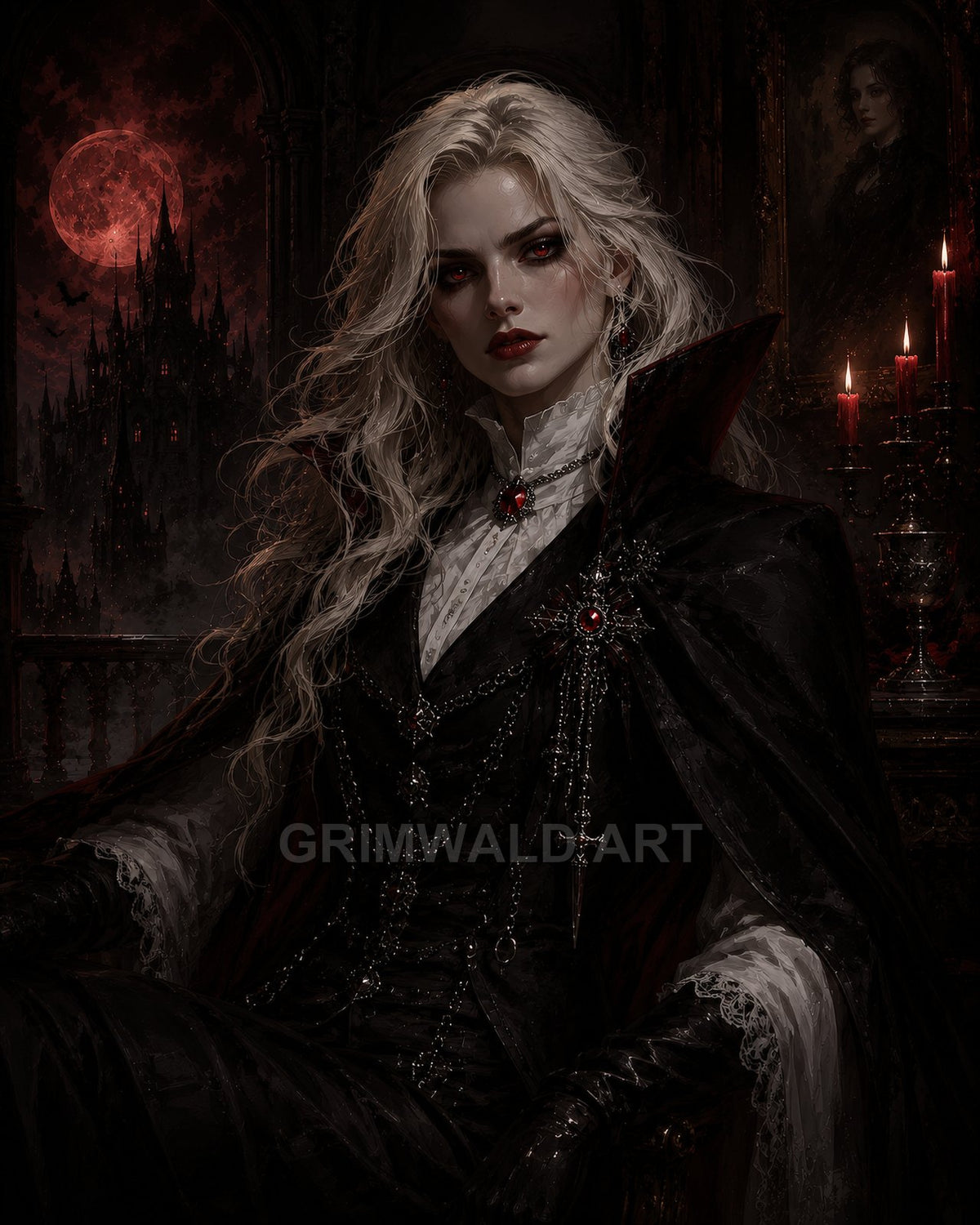 Gothic portrait of a pale, red-eyed vampire noblewoman in ornate black attire, seated by red candles with a blood-red moon and distant castle.