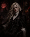 GRID THUMBNAIL — Gothic portrait of a pale, red-eyed vampire noblewoman in ornate black attire, seated by red candles with a blood-red moon and distant castle.