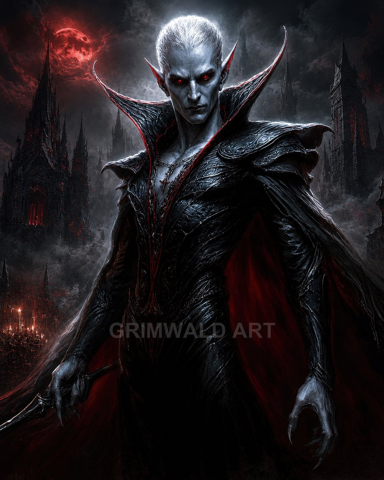 Pale red-eyed vampire in ornate black armour and crimson-lined cloak stands before a gothic castle beneath a blood-red moon at night.
