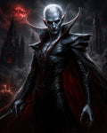 GRID THUMBNAIL — Pale red-eyed vampire in ornate black armour and crimson-lined cloak stands before a gothic castle beneath a blood-red moon at night.