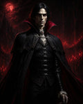 GRID THUMBNAIL — Elegant vampire lord in black ornate attire and high-collared cloak, standing before a gothic castle under a blood-red moon and candlelit darkness.