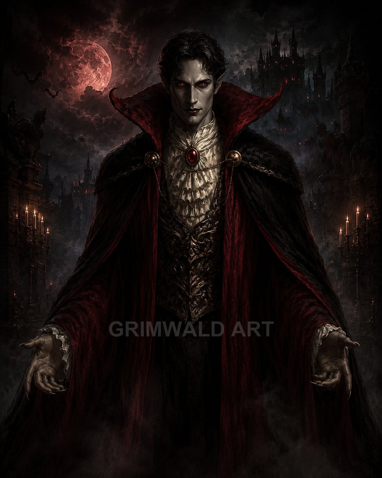 Pale vampire noble in ornate red and black cloak stands before a moonlit gothic castle, red eyes glowing amid bats and candelabras.