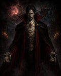 GRID THUMBNAIL — Pale vampire noble in ornate red and black cloak stands before a moonlit gothic castle, red eyes glowing amid bats and candelabras.