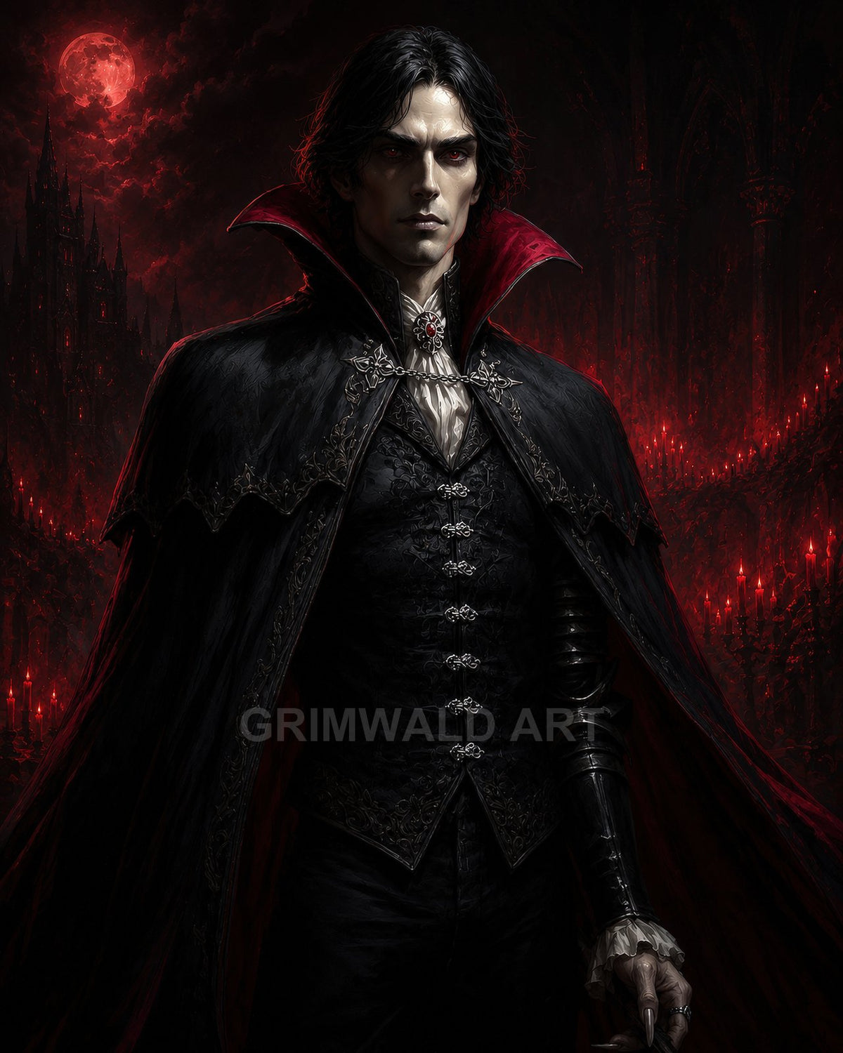 Elegant male vampire in ornate black attire and crimson-lined cloak stands before gothic spires and blood-red moon amid rows of candles.