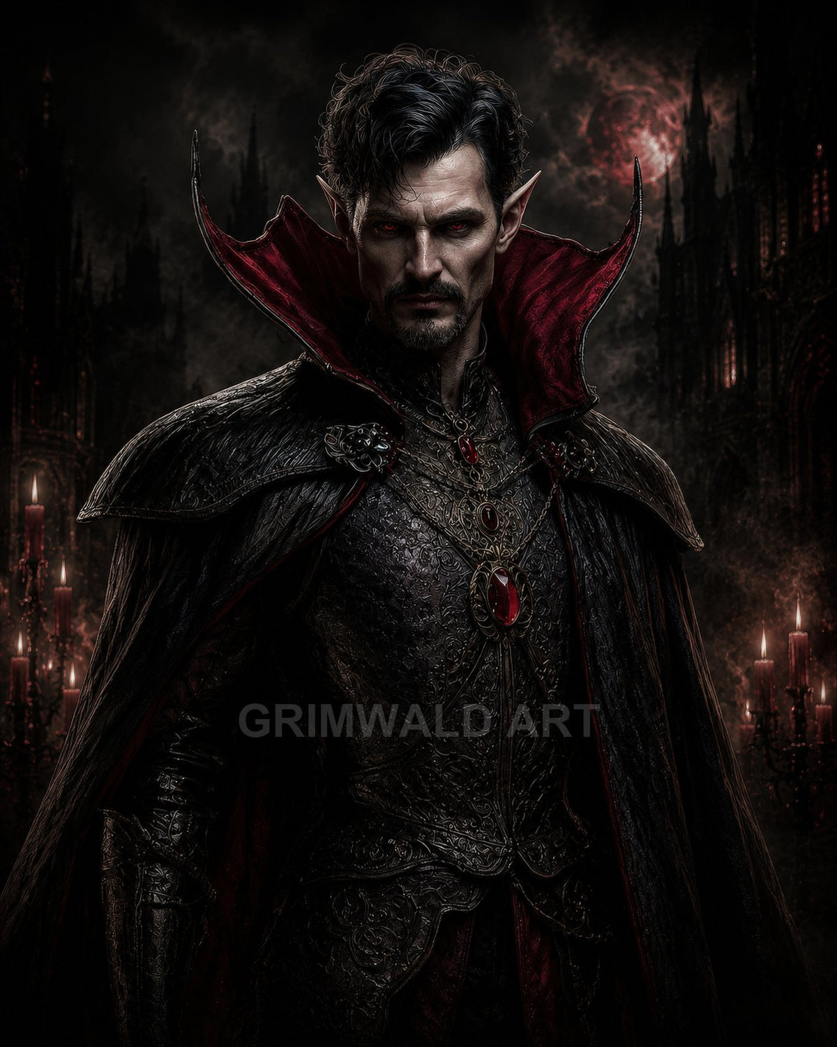 Male vampire noble in ornate black armour and high-collared cape, red eyes glowing, before gothic cathedral with blood moon and candlelit candelabras.