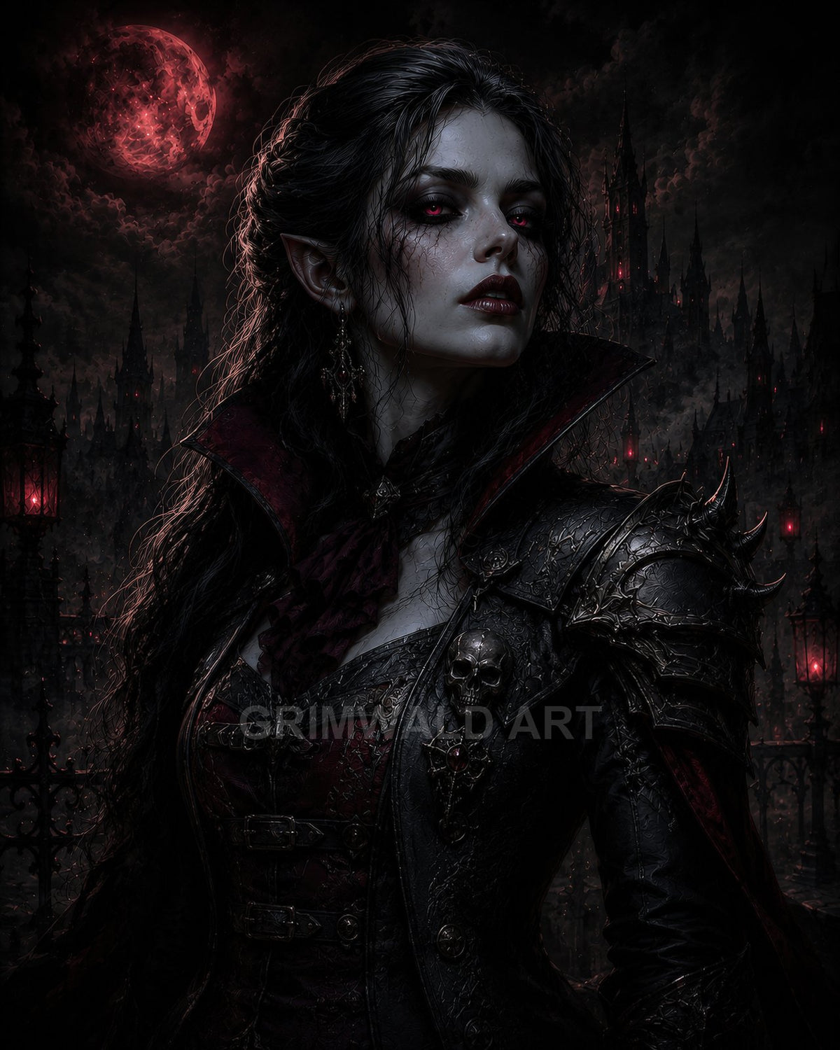 Gothic female vampire with red eyes and black, spiked armour stands before a spired city under a crimson moon, exuding dark, ominous menace.