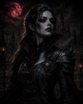 GRID THUMBNAIL — Gothic female vampire with red eyes and black, spiked armour stands before a spired city under a crimson moon, exuding dark, ominous menace.