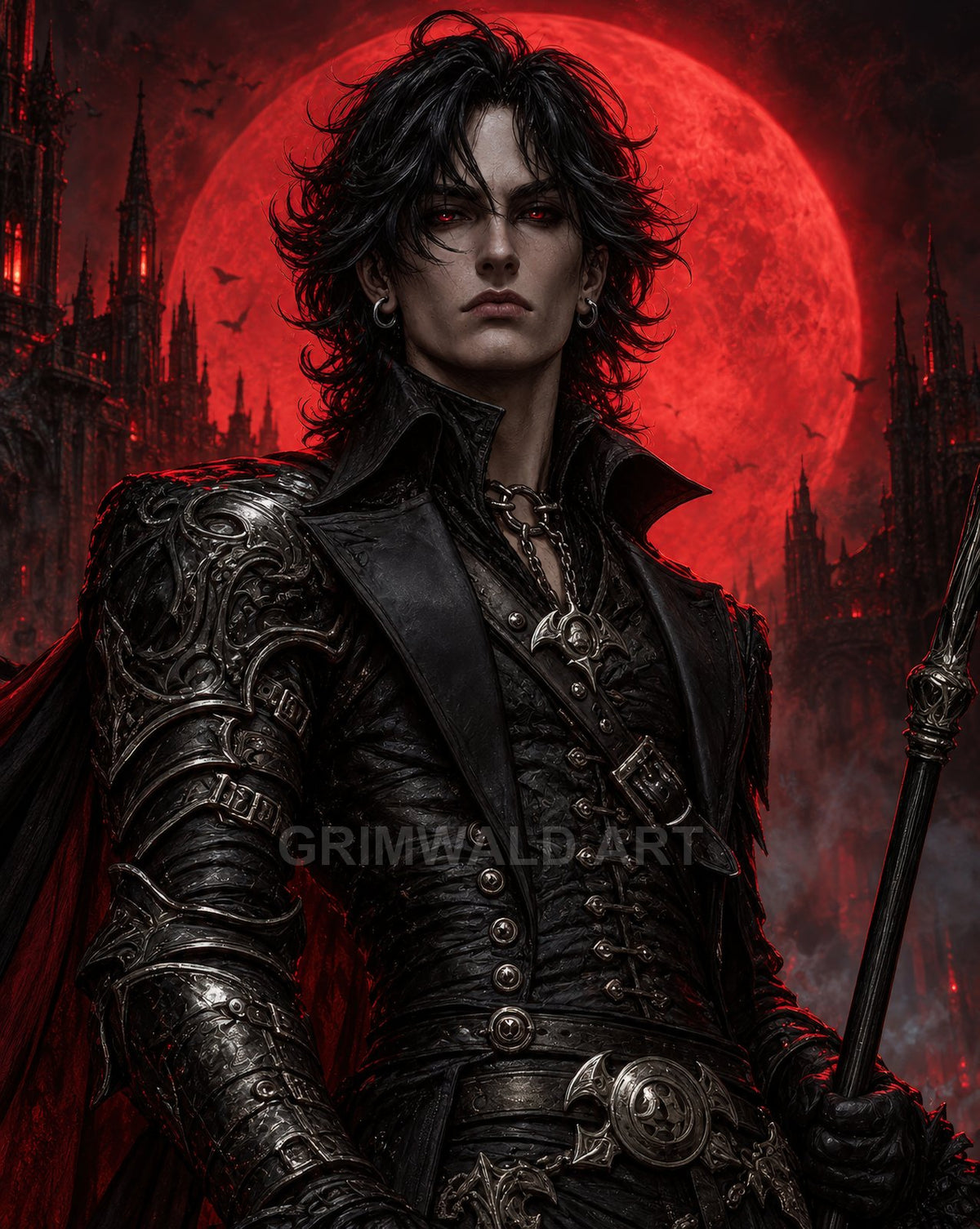 Armoured vampire noble with red eyes holds a staff before a crimson full moon and gothic castle spires, wearing black baroque armour and a red-lined cloak.