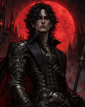 GRID THUMBNAIL — Armoured vampire noble with red eyes holds a staff before a crimson full moon and gothic castle spires, wearing black baroque armour and a red-lined cloak.