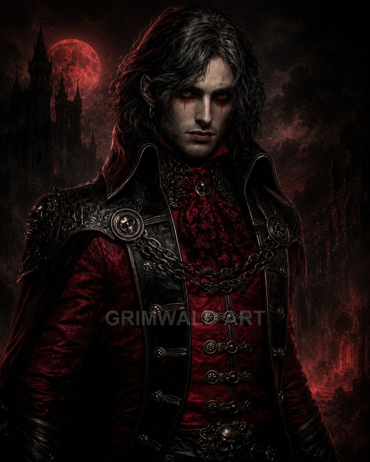 Gothic male vampire in ornate red and black attire with chains and skull motifs, before a looming castle and blood-red moon at night.