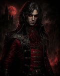 GRID THUMBNAIL — Gothic male vampire in ornate red and black attire with chains and skull motifs, before a looming castle and blood-red moon at night.