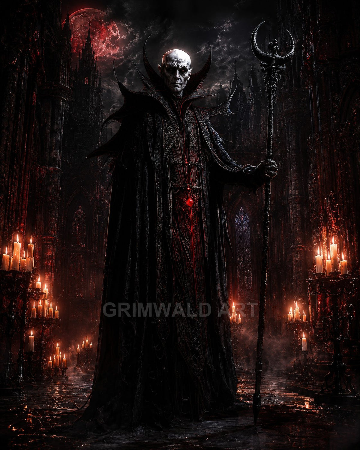 A tall pale vampire sorcerer in ornate black robes holds a spiked staff inside a candlelit gothic cathedral beneath a blood-red moon.