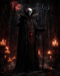 GRID THUMBNAIL — A tall pale vampire sorcerer in ornate black robes holds a spiked staff inside a candlelit gothic cathedral beneath a blood-red moon.