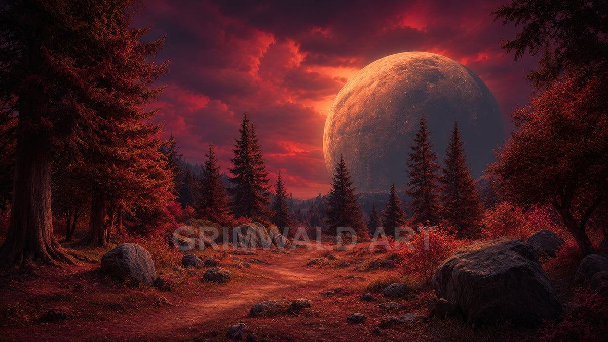A crimson-lit conifer forest with a winding rocky path, dramatic clouds, and an enormous moon looming on the horizon at twilight.