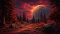 GRID THUMBNAIL — A crimson-lit conifer forest with a winding rocky path, dramatic clouds, and an enormous moon looming on the horizon at twilight.
