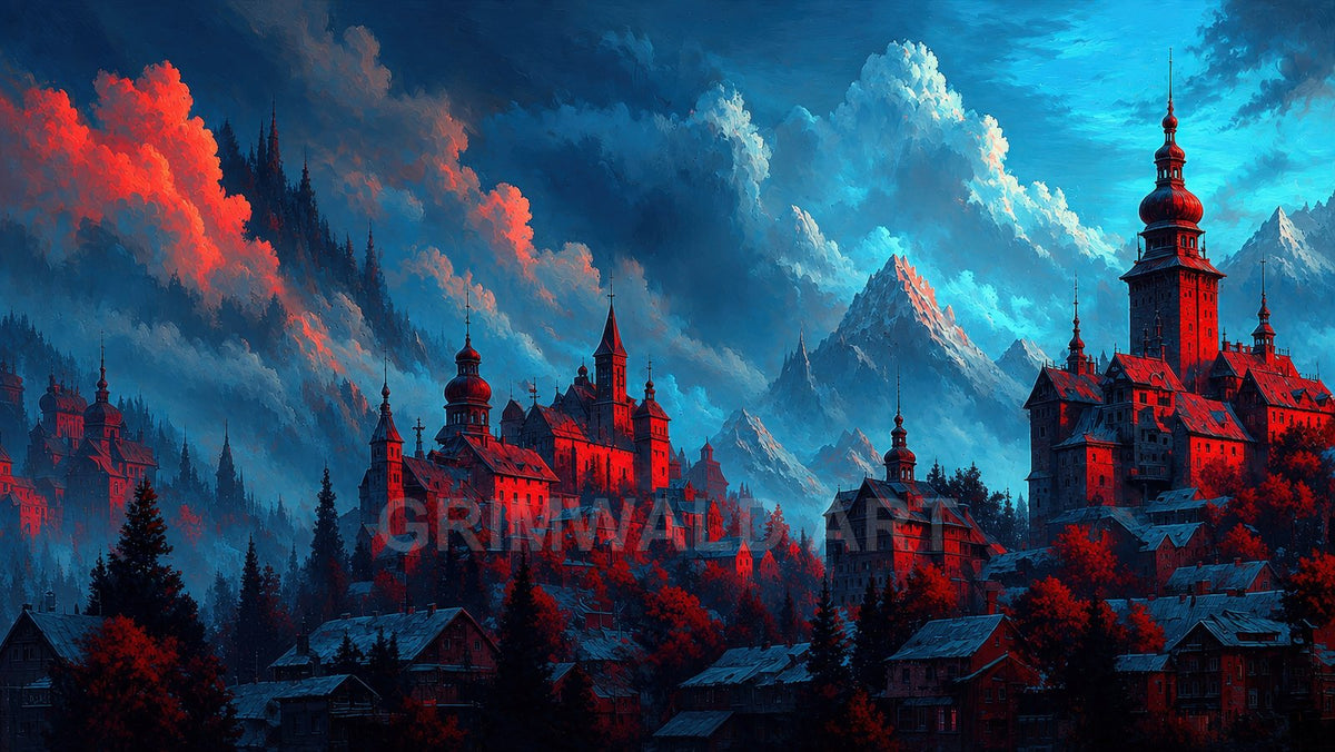 Gothic mountain city with red-lit castles and spires amid dark pines, snowy peaks and dramatic twilight clouds in a moody blue palette.