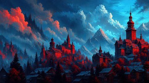 GRID THUMBNAIL — Gothic mountain city with red-lit castles and spires amid dark pines, snowy peaks and dramatic twilight clouds in a moody blue palette.