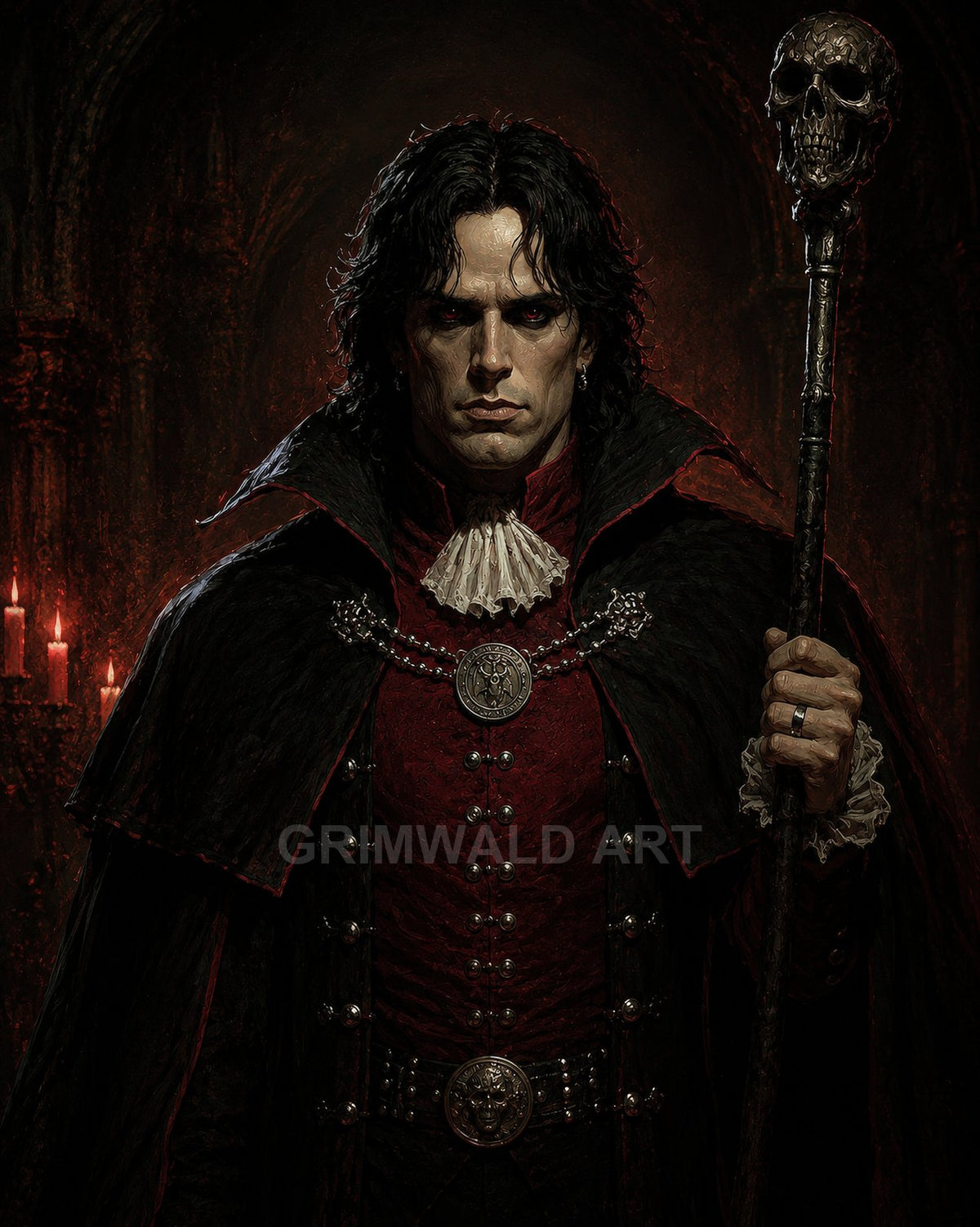 Portrait of a pale dark-haired necromancer in red and black finery, holding a skull-topped staff in a candlelit gothic cathedral interior.
