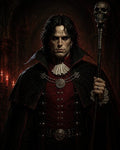 GRID THUMBNAIL — Portrait of a pale dark-haired necromancer in red and black finery, holding a skull-topped staff in a candlelit gothic cathedral interior.