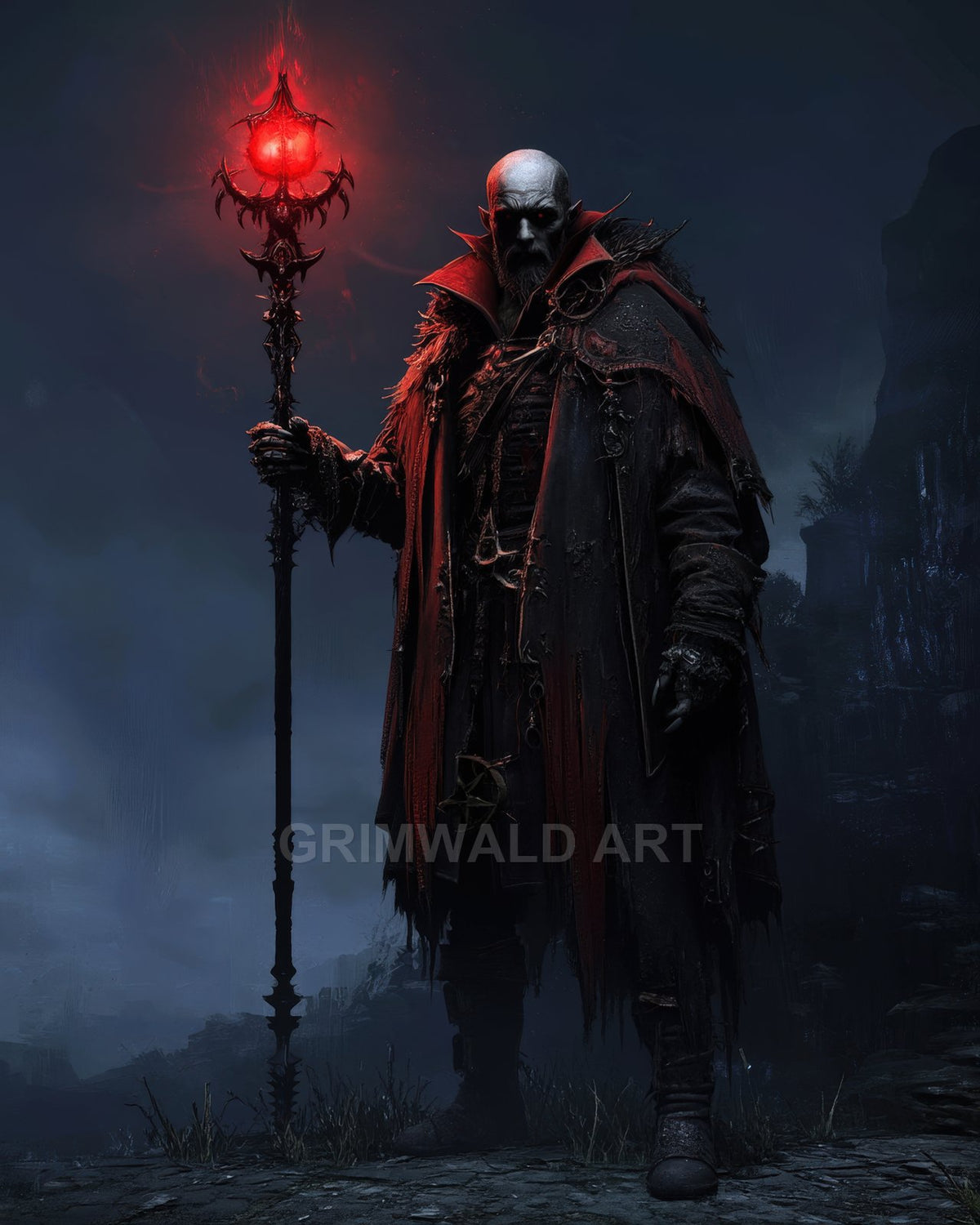 A bald, pale necromancer in a ragged red cloak holds a spiked staff with a glowing red orb, standing before misty ruins at night.