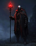 GRID THUMBNAIL — A bald, pale necromancer in a ragged red cloak holds a spiked staff with a glowing red orb, standing before misty ruins at night.